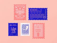 four stamps with different designs on them, one blue and the other pink in color