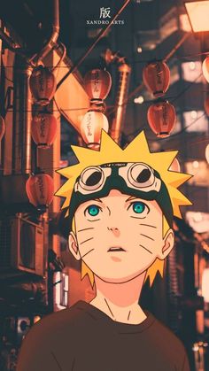 an anime character with goggles on his head and blue eyes in front of some lights