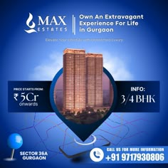 an advertisement for a real estate in gurgoon, with the image of a tall building