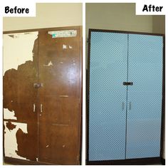 before and after pictures of a closet door with paint peeling off the doors, then painted brown