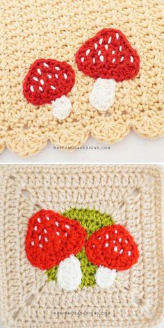 crocheted placemats with mushrooms on them are shown in two different colors