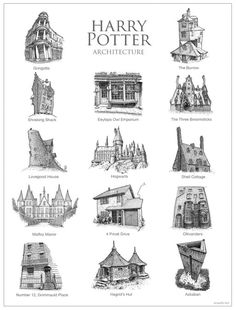 harry potter's architecture is shown in this black and white poster, with the words harry