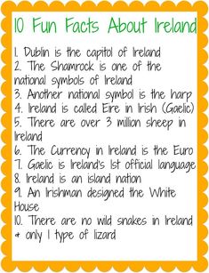 an orange and white sign with words written on it that say fun fact about ireland