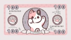 a pink and white cat is on top of a money bill with the number one in front of it