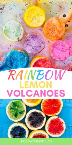 rainbow lemon vocanoes with text overlay reading rainbow lemon volcanones