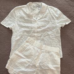 Calling All Fall Brides! Get Ready For Your Big Day In A Precious, White Pj Set From Mango. Windowpane Detailing Elevates The Aesthetic While The Button-Up Style Eliminates Any Hair Snafus, Which We All Know You Can't Afford On That Tight Photography Timeline. Details: - Size Is Xs But Fits More Like A Small Imo - Shorts Are High-Waisted And So Cute Worn On Their Own With A Fitted Tank - 100% Cotton Pj Sets Aesthetic, White Sleepwear Sets, Short, White High-waisted Summer Pajama Shorts, White Short Sleeve Buttoned Sleepwear, Boho Pajamas, White Button-up Sleepwear, White Sleepwear With Built-in Shorts, Mango Shorts, Y2k Black