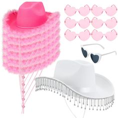 PRICES MAY VARY. Packaging Includes: our bridal cowgirl party set include 6 pcs felt cowgirl hat with 6 pcs glasses and 1 fringes hat with 1 pair of heart glasses; This shining combination of classic colors and styles can help you create a handsome look, making you the focus of the party One Size Fits All: our cowboy cowgirl hat inner circumference is 22.8 inches/ 58 cm; The heart shaped sunglasses approx: 7.08 x 5.51 inches/ 18 x 14 cm, is suitable for almost any adult; The cowgirl hat is desig Bridal Cowgirl, Bride Cowboy Hat, Birthday Costume Party, Birthday Sunglasses, Bachelorette Sunglasses, White Cowboy Hat, Last Disco, Birthday Costume, Pink Cowboy Hat