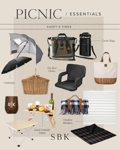 the picnic essentials are organized and ready to be used in this project, including an umbrella