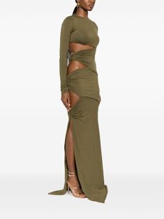 CONCEPTO Asymmetric cut-out Maxi Dress - Farfetch Vacay Clothes, All Green Outfit, Gathered Maxi Dress, Maxi Dres, Grey Maxi Dress, Color Crush, Khaki Dress, Maxi Dress Green, Asymmetrical Design