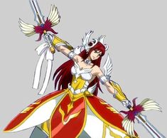 an anime character holding two swords in one hand and wearing a costume with wings on the other