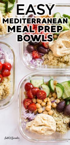 three plastic containers filled with different types of meal prep bowls and the words easy mediterranean meal prep bowls