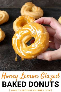 honey lemon glazed baked doughnuts on a baking sheet with the title above it