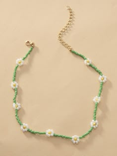 Color: Green Gender: Women Material: Plastic Details: Flowers Style: Cute Product Measurements in cm : Size Length one-size 36 Diy Collier, Beaded Jewelry Necklaces, Indie Jewelry, Beaded Necklace Designs, Beaded Necklace Diy, Beads Bracelet Design, Handmade Jewelry Tutorials, Beaded Bracelets Diy, Flower Decor