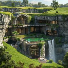 this is an artist's rendering of a house with a waterfall in the background