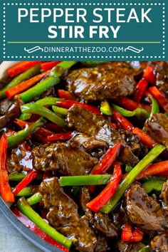 beef stir fry in a pan with red peppers and green peppers on the side, text overlay