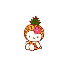 hello kitty sitting on top of a pineapple with a flower in it's hair