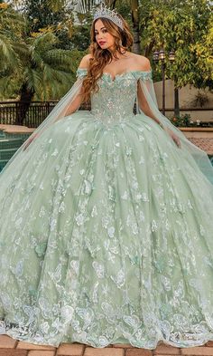 Dancing Queen 1852 - Butterfly Embellished Ballgown Ball Gown With Long Train, Butterfly Dress Quinceanera, Sweet 16 Butterfly Dress, Lilac Butterfly Quince Dress, Green Butterfly Prom Dress, Quinceanera Dresses Sage Green, Quiencenara Dress, Butterfly Quince Dress Green, Pastel Quinceanera Dresses