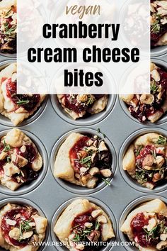 vegan cranberry cream cheese bites in muffin tins with text overlay