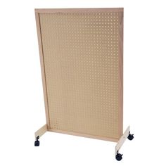 a wooden peg board with wheels on it