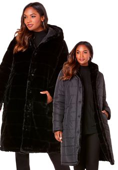 Get two looks: a channeled faux fur style or a puffer in this long hooded coat. Easy front snap closure with side pockets make it oh-so-versatile and comfortable. 38" lengthPolyMachine washImported | Plus Size Women's Reversible Long Coat by Roaman's in Black (Size 14 W) Long Hooded Coat, Reversible Coat, Current Fashion, Plus Size Outerwear, Plus Size Coats, Swimsuits For All, Current Fashion Trends, Trench Coats Women, Fur Fashion