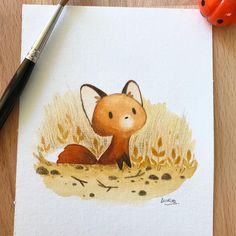 a drawing of a little fox sitting on the ground next to a marker and pen