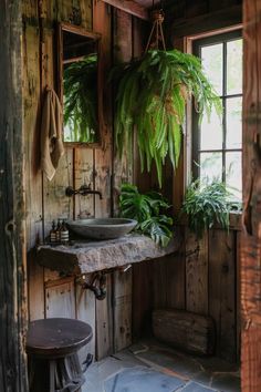 a rustic bathroom with wood paneling and plants