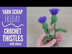 two crocheted thistles with the words yarnn scrap friday on top of them