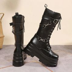 Plus Size 43 Autumn Women Boots Buckle Round Toe Wedges Platform Boots Punk Goth INS Women Street Punk Platform Boots, Boots Biker, Military Style Boots, Shoes For Woman, Women Wedges, Boots Long, Goth Boots, Boots Female, Combat Style