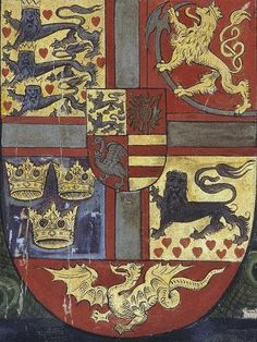 an old coat of arms with lions, lions and hearts on the shield is shown