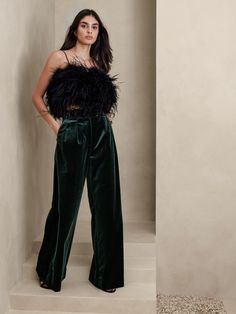 Veluro Relaxed Velvet Pant | Banana Republic Velvet Pants Outfit, Dark Green Pants, Velvet Pant, Slack Pants, Velvet Trousers, Ultra Wide, Cocktail Attire, Holiday Party Outfit, Velvet Pants