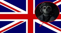 a skull wearing a helmet is in front of a british flag with the image of a skeleton