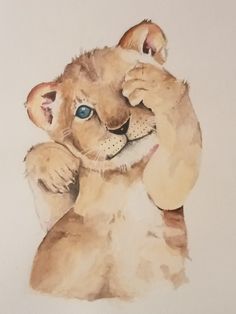 a watercolor painting of a lion cub holding his paw up to its face and looking at the camera