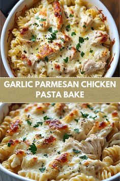 garlic parmesan chicken pasta bake in a white casserole dish with text overlay