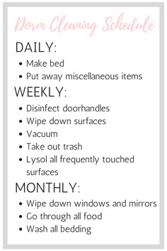 the daily cleaning checklist is shown in pink and white, with text overlaying it