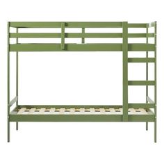 the bunk bed is green and has two rails on each side, with no mattresses