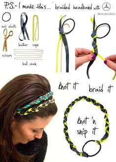 the instructions for how to make a braided headband with scissors and hair clips