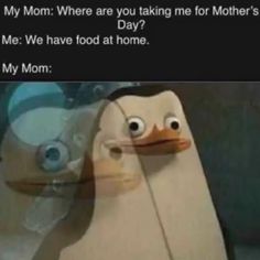 a mother duck and her child are looking at each other in the same direction with caption that reads, my mom where are you taking me for mother's day? we have food at home