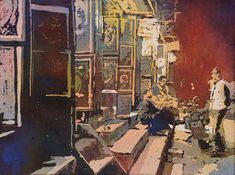 an abstract painting of a man standing in front of a building with lots of junk on the ground