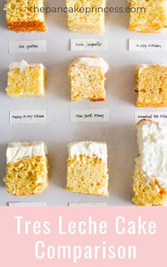 the recipe for tres leche cake comparison is shown in pink and white with text overlay