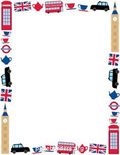 the london skyline is surrounded by british flags and teapots, including two red double decker buses