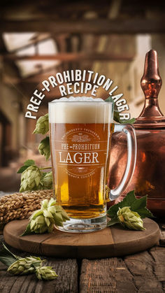 a glass of beer sitting on top of a wooden table next to a copper pot