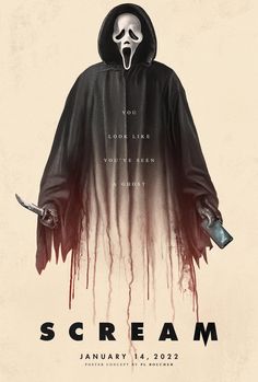 a movie poster for scream with a ghost holding a knife in it's mouth