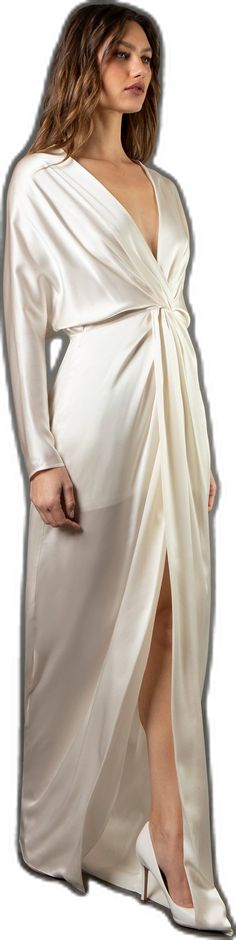 Pre-draped Long Sleeve Wedding Gown, Elegant V-neck Gown With Ruched Bodice, Elegant Silk V-neck Gown, Wedding Evening Dress With Draped Sleeves, Elegant Silk Gown With Ruched Bodice, Gown With Draped Sleeves And Fitted Bodice, Elegant Ruched Draped Gown, Elegant Silk Gown With Draped Sleeves, Bias Cut Draped Evening Dress For Weddings