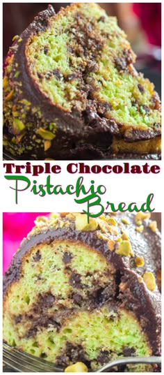 triple chocolate pistachio bread is cut in half and stacked on top of each other