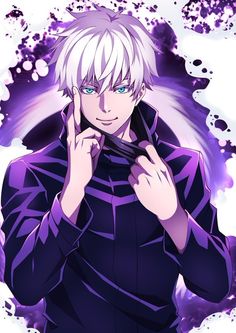 an anime character with white hair and blue eyes is holding his hand to his face