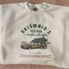 Griswold's Tree Farm Sweatshirt. The sweatshirt material is 50/50 cotton/polyester blend. Very stretchy and comfy material! Pretty true to size and good for layering, we do recommend sizing up if you plan to layer.   Please note that the colors may fade slightly after the first wash, making more of a vintage look.  Please allow for 1-2 week production time then 2-5 business days for standard shipping. 1989 Shirt, Griswold Family Christmas, Griswold Christmas, Cute Christmas Shirt, Vintage Christmas Sweaters, Gift Tree, Tree Sweater, National Lampoons Christmas, Lampoons Christmas