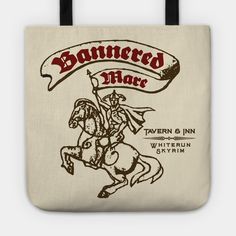 a tote bag with an image of a man riding a horse and holding a banner