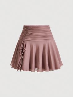 Solid Ruched Ruffle Hem Skirt Dusty Pink Casual   Knitted Fabric Plain A Line,Flared Medium Stretch  Women Clothing, size features are:Bust: ,Length: ,Sleeve Length: Luxury Bottoms With Pleated Waist And Flowy Skirt, Ruffles Skirt Pattern, Cute Medium Skirts, Cheap White Y2k Style Skort, Png Clothes Skirts, Pink Pirate Skirt, Images Of Skirts, Tie Up Skirts, Fairycore Skirts