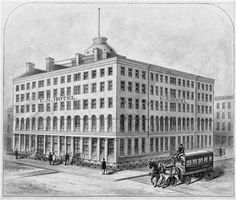 an old drawing of a building with horses and buggies in front of it on the street