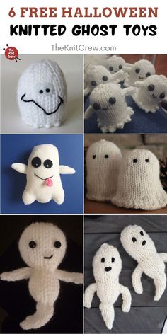 knitted ghost toys with text overlay that says free halloween knitting patterns